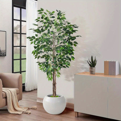 Luxury faux Ficus bonsai tree in a modern white pot, enhancing living room decor
