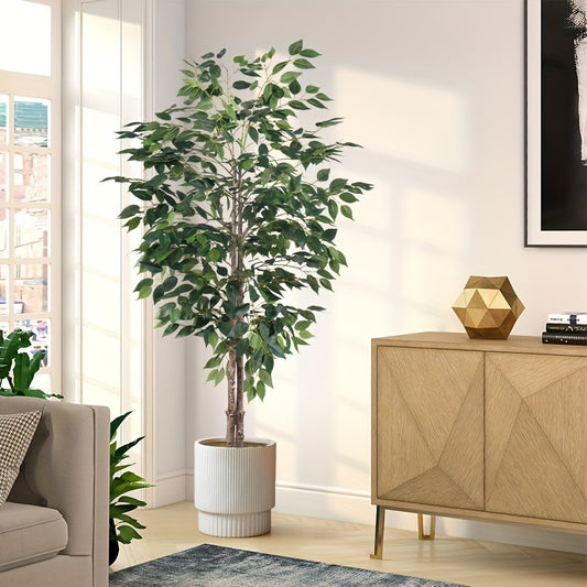Luxury faux Ficus bonsai tree in a modern living room with natural light and stylish decor