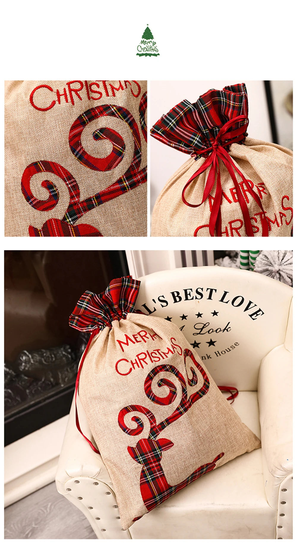 Luxury linen Christmas gift sack with red plaid design and festive Merry Christmas text