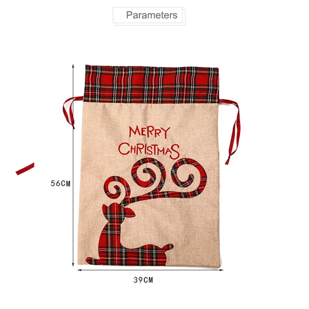 Luxury linen Christmas gift sack with festive reindeer design and plaid top for holiday gifting