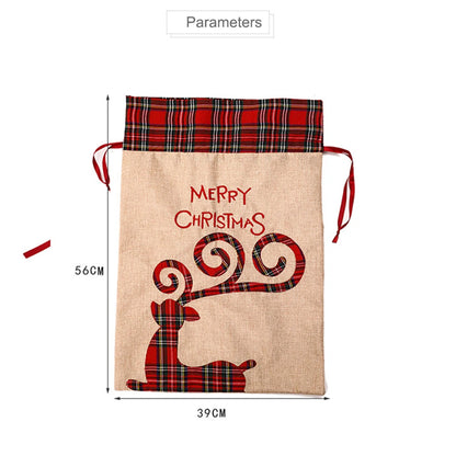 Luxury linen Christmas gift sack with festive reindeer design and plaid top for holiday gifting