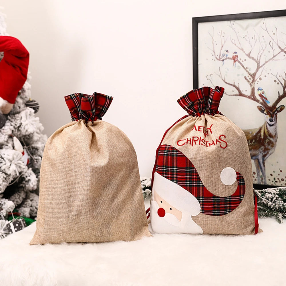 Luxury linen Christmas gift sack featuring Santa design and festive plaid pattern for stylish gifting