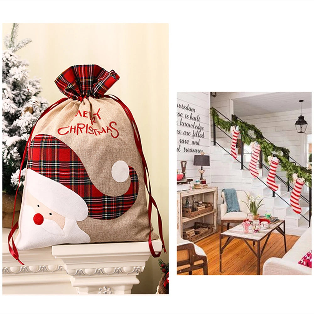 Luxury linen Christmas gift sack featuring Santa design and drawstring closure for festive gifting