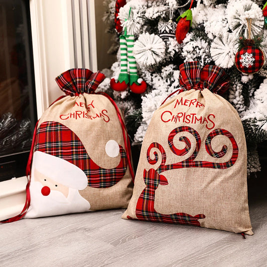 Luxury linen Christmas gift sack featuring festive Santa Claus and reindeer designs with a plaid pattern