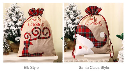 Luxury linen Christmas gift sack in Elk and Santa Claus styles with festive designs and drawstring closure