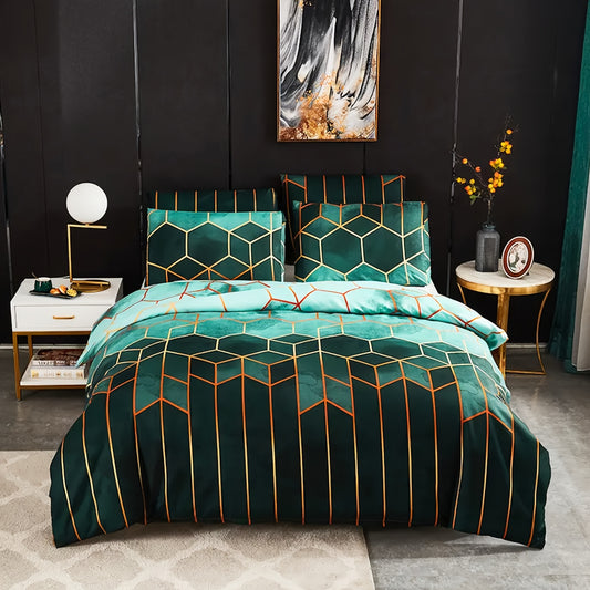 Nutshell luxury quilt cover set queen in green and gold geometric design with matching pillowcases