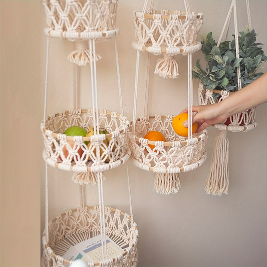 Nutshell macrame hanging basket decor with fruits and greenery in stylish boho design