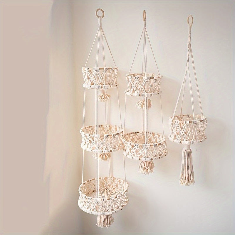 Nutshell macrame hanging basket decor in cream color with intricate design and tassel details