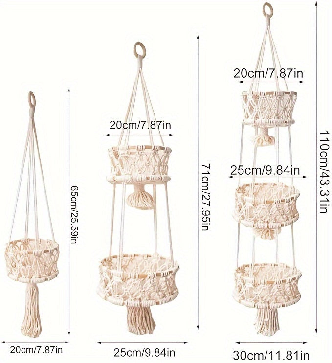 Nutshell macrame hanging basket decor in three sizes for stylish home organization and plant support