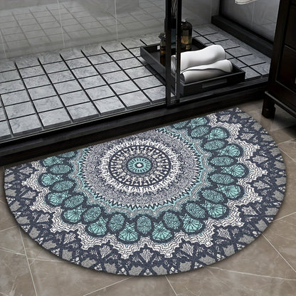 Nutshell mandala bath mats featuring a beautiful circular design in teal and gray for stylish bathrooms