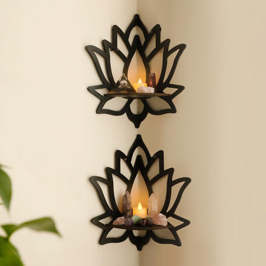 Mandela corner shelves in black with decorative lotus design for displaying crystals and candles