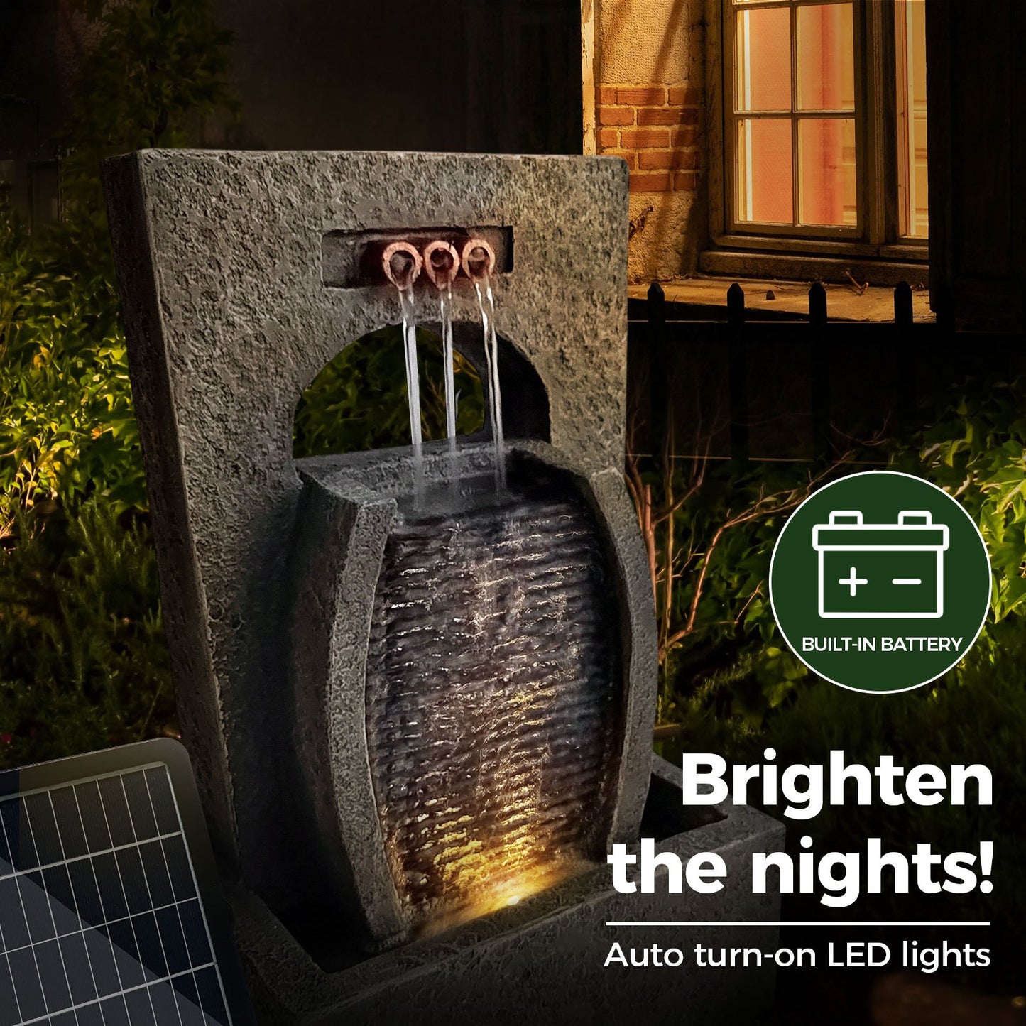 Nutshell solar waterfall fountain with LED lights and built-in battery for outdoor lighting