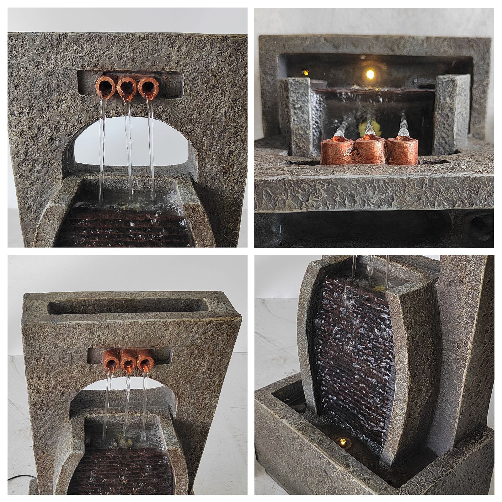 Stylish solar waterfall fountain featuring multiple water spouts and LED lighting for decorative outdoor use