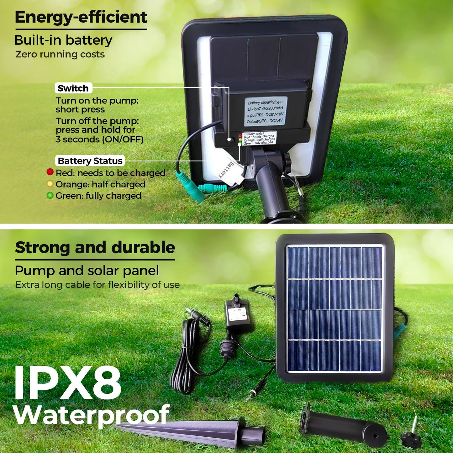 Energy-efficient solar waterfall fountain with built-in battery and waterproof solar panel for easy setup