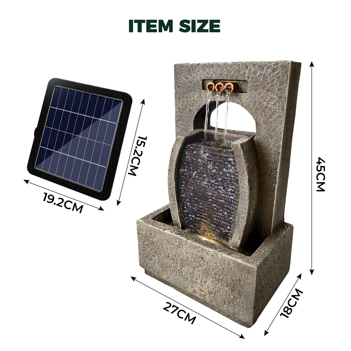 Nutshell solar waterfall fountain with a modern design and solar panel for outdoor decor