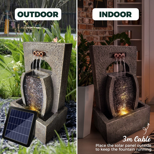 Nutshell solar waterfall fountain designed for both indoor and outdoor use with a solar panel and LED lights