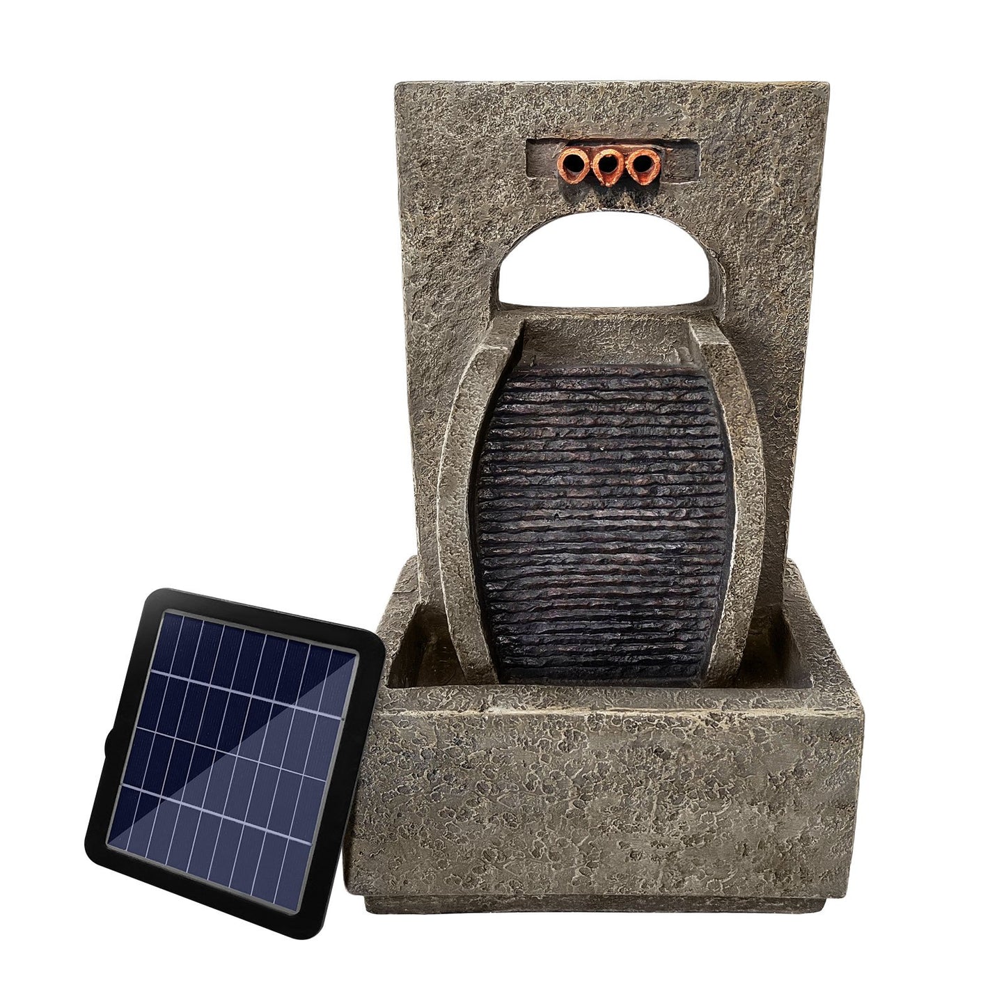 Solar waterfall fountain in a modern design with a solar panel for eco-friendly water features