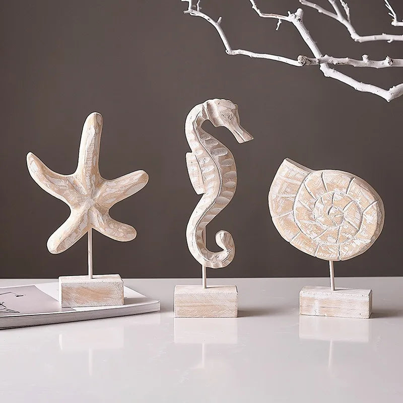 Nutshell Mediterranean style home decor set featuring decorative starfish, seahorse, and snail ornaments