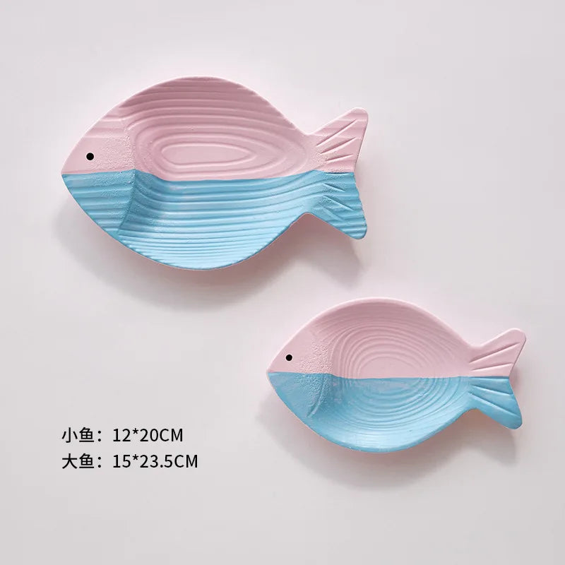 Nutshell Mediterranean style home decor fish-shaped platter set in pink and blue colors