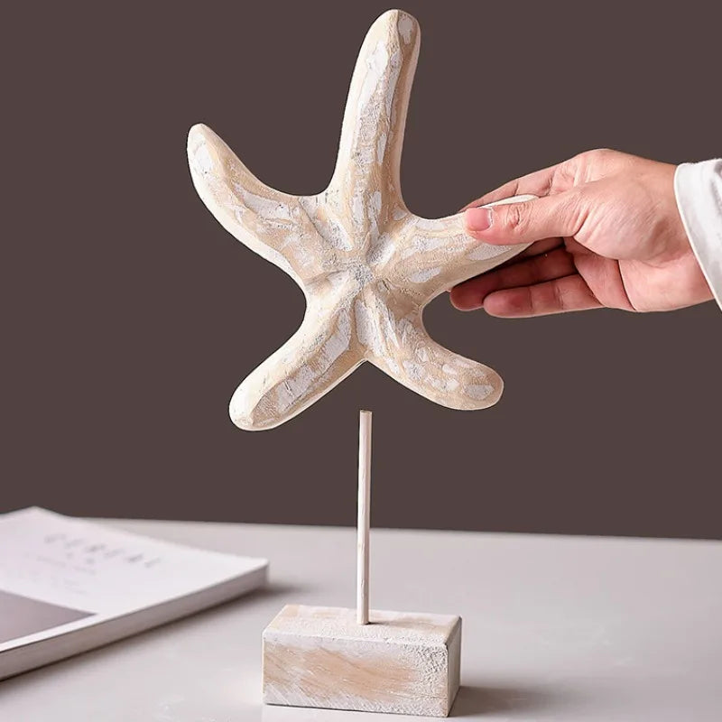 Handcrafted starfish ornament for Mediterranean style home decor on a wooden base