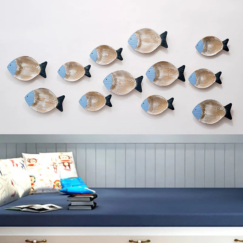 Nutshell Mediterranean style home decor fish wall ornament in natural and blue tones