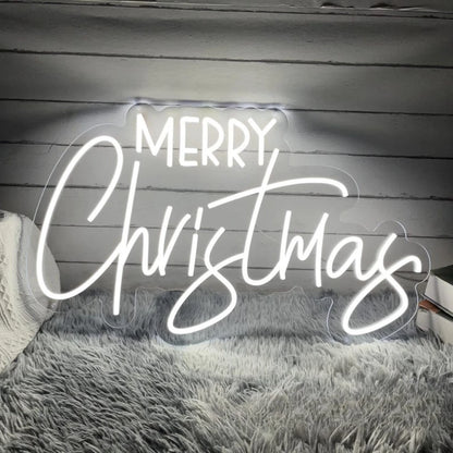 Merry Christmas neon sign glowing softly on a cozy background for festive decoration