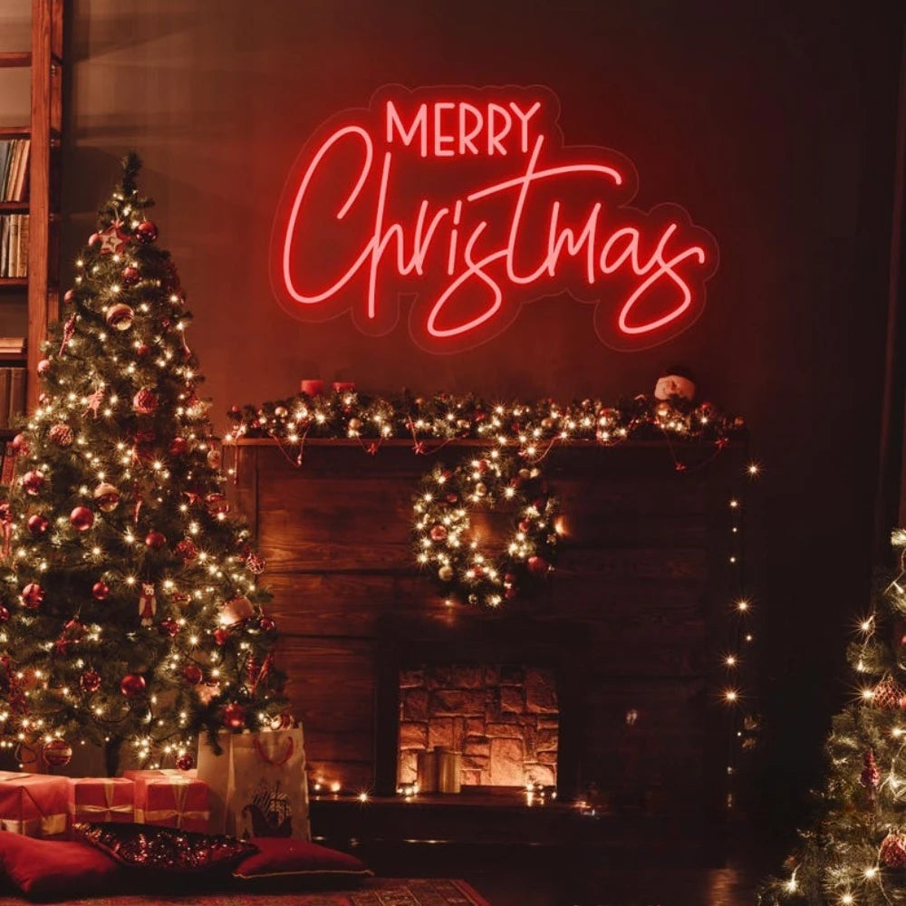 Merry Christmas neon sign glowing above a beautifully decorated Christmas tree and cozy fireplace