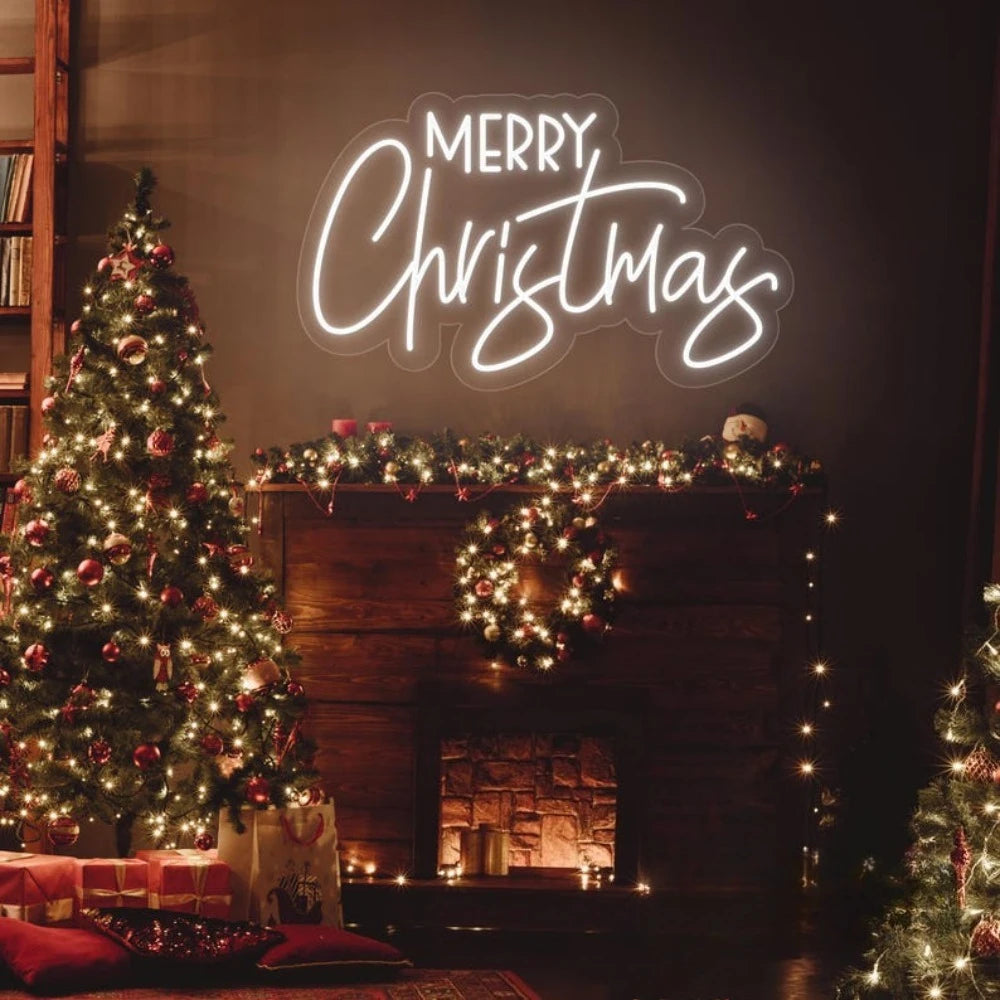 Cozy living room with Christmas tree and Merry Christmas neon sign glowing on the wall
