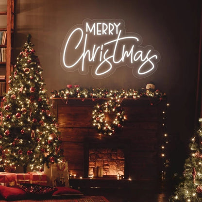 Cozy living room with Christmas tree and Merry Christmas neon sign glowing on the wall