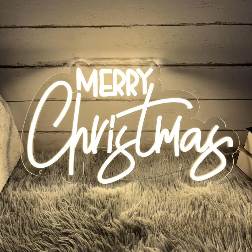 Merry Christmas neon sign glowing softly, perfect for holiday decor and festive celebrations