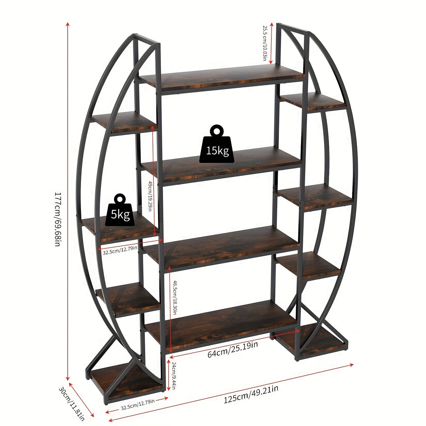 Nutshell metal curved display shelf with five wooden shelves and a modern black frame design