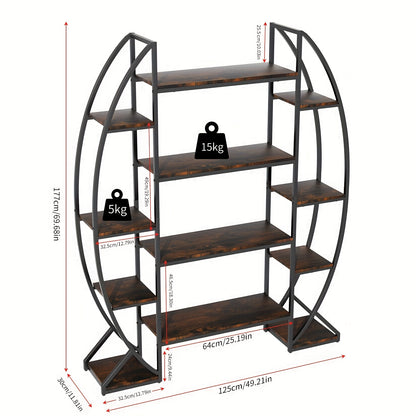 Nutshell metal curved display shelf with five wooden shelves and a modern black frame design