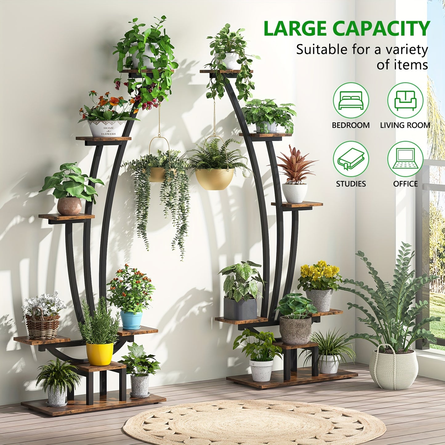 Stylish metal curved display shelf with multiple levels for indoor plants and decor in a bright room