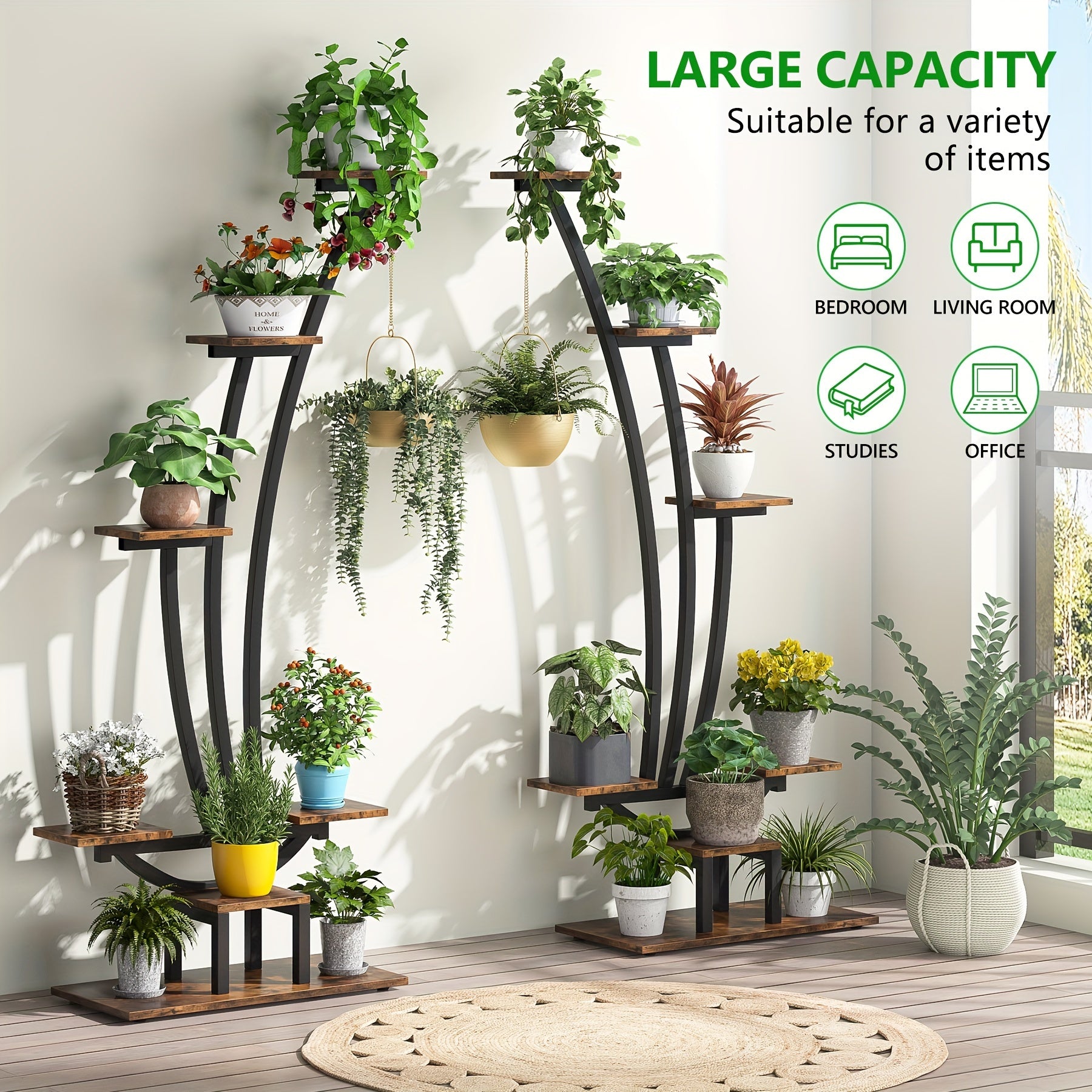 Stylish metal curved display shelf with multiple levels for indoor plants and decor in a bright room