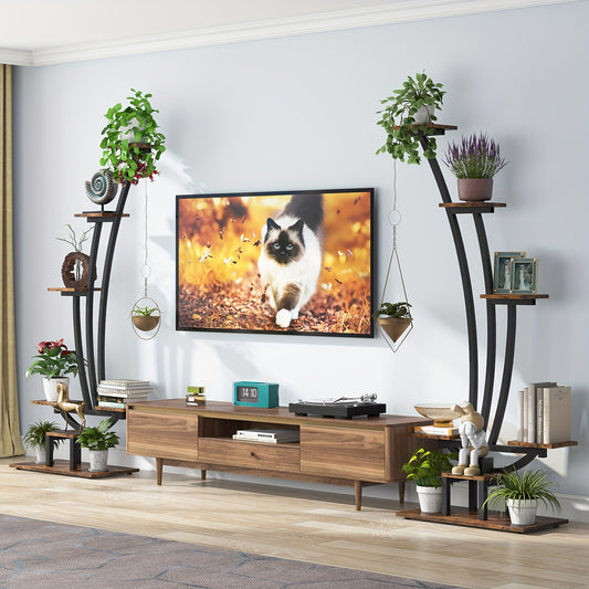 Nutshell metal curved display shelf featuring plants and decorative items in a modern living room setting
