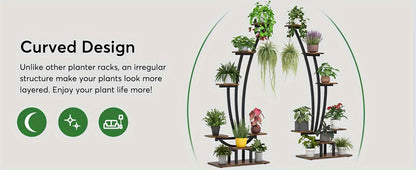 Nutshell metal curved display shelf featuring an irregular design for layered plant arrangements