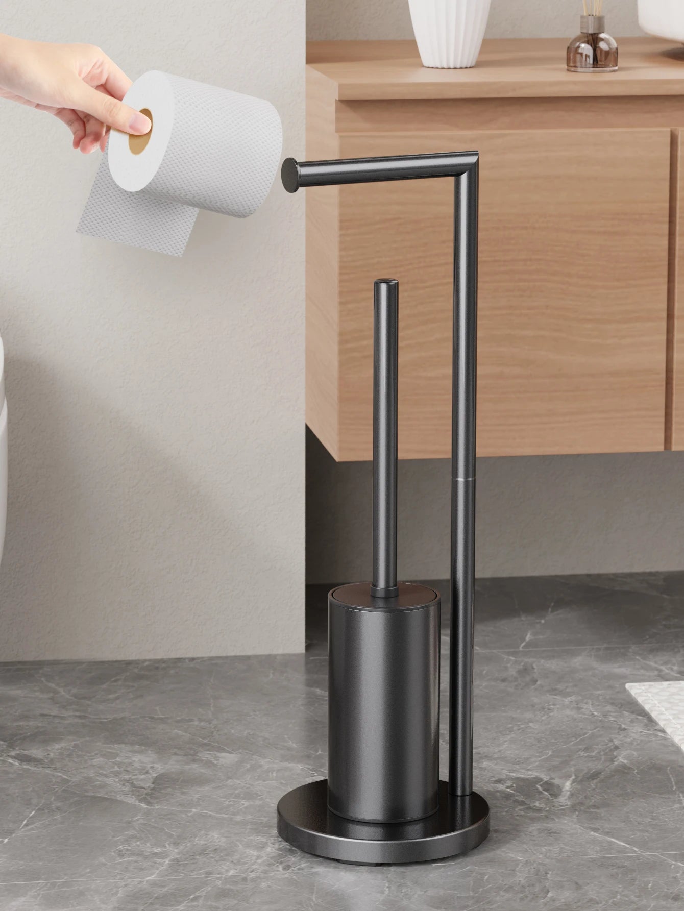 Metal Floor Standing Toilet Brush With Paper Holder in Black, ideal for modern bathrooms and easy access