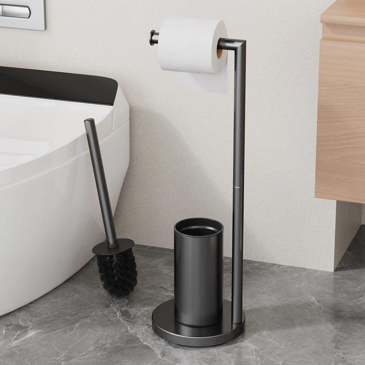 Metal Floor Standing Toilet Brush With Paper Holder in modern bathroom setting for convenient cleaning