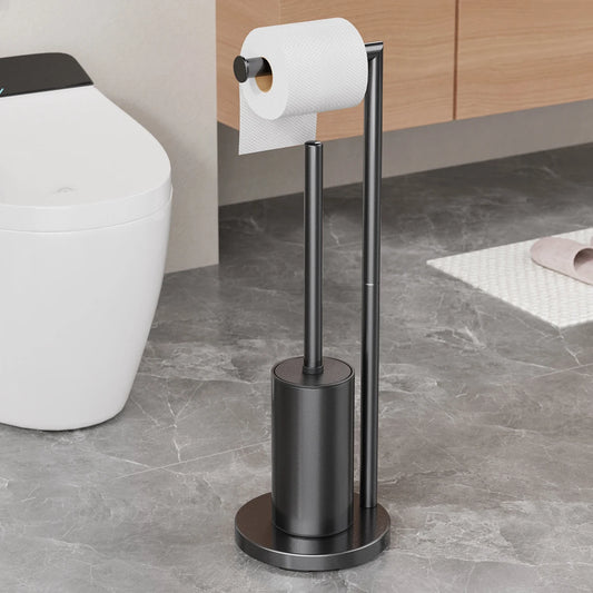 Metal Floor Standing Toilet Brush With Paper Holder in sleek black design for modern bathroom decor