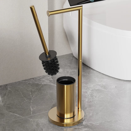 Modern Metal Floor Standing Toilet Brush With Paper Holder in Gold Finish for Stylish Bathrooms
