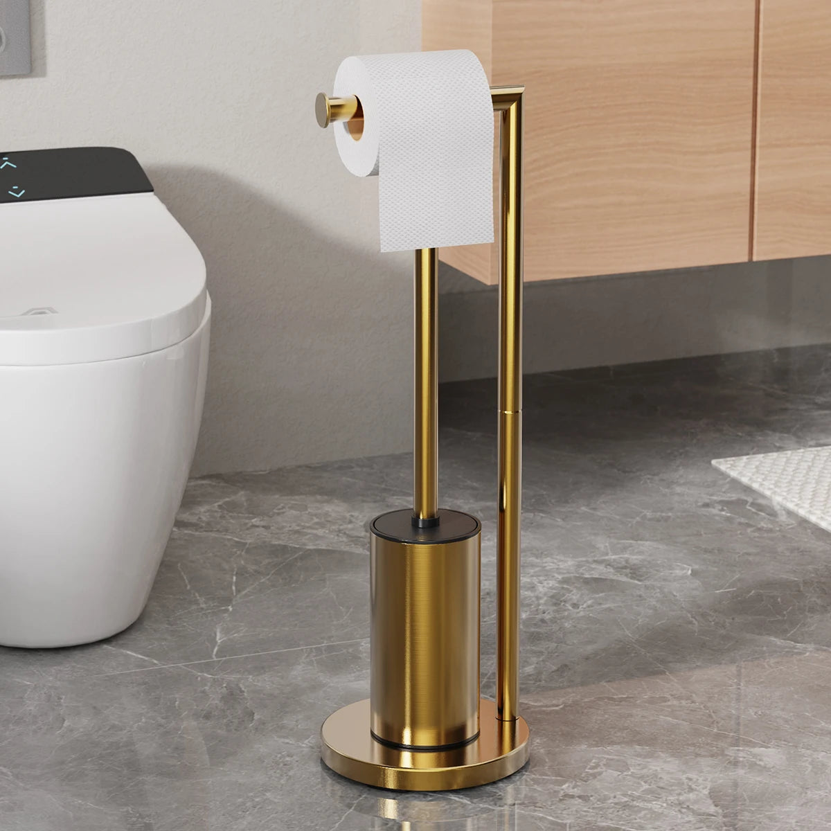 Metal Floor Standing Toilet Brush With Paper Holder in Gold Finish for Elegant Bathroom Decor