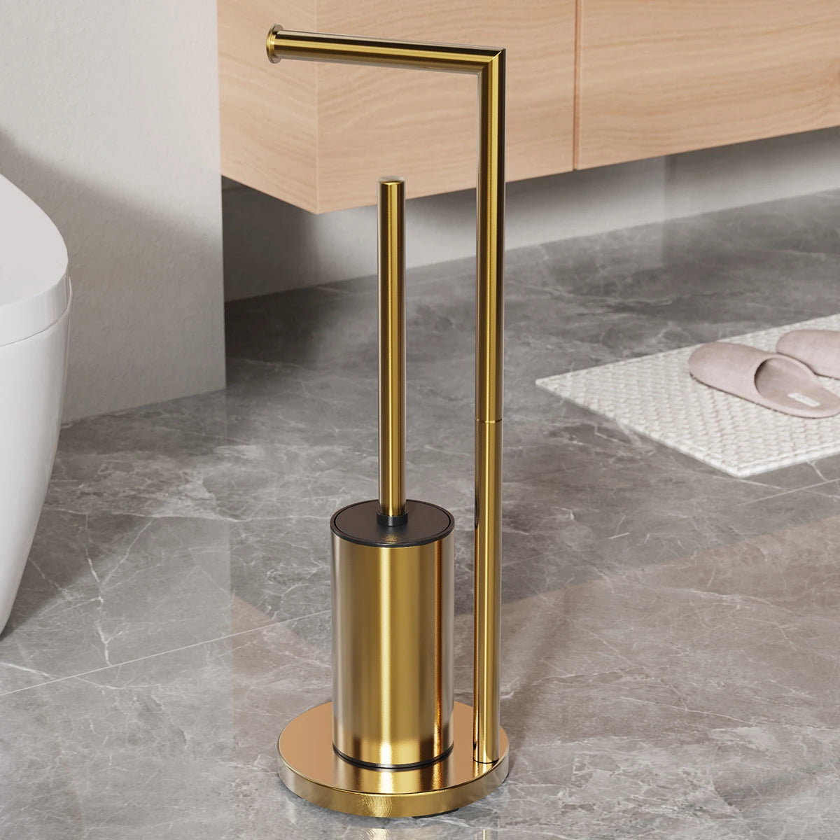 Metal Floor Standing Toilet Brush With Paper Holder in sleek gold design for modern bathrooms