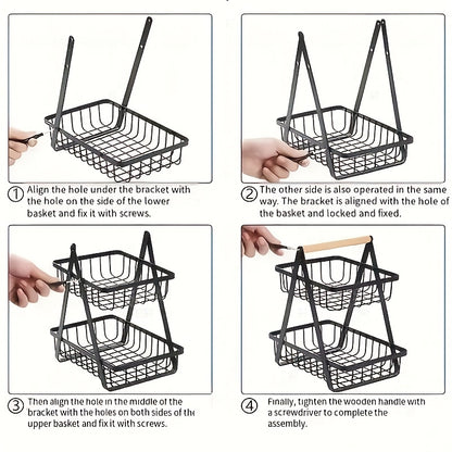 Nutshell Metal Fruit Basket Organiser with two tiers for efficient fruit storage and easy assembly