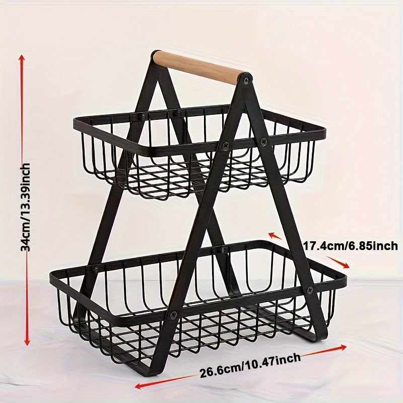 Nutshell Metal Fruit Basket Organiser in black with two tiers and wooden handle for stylish kitchen storage