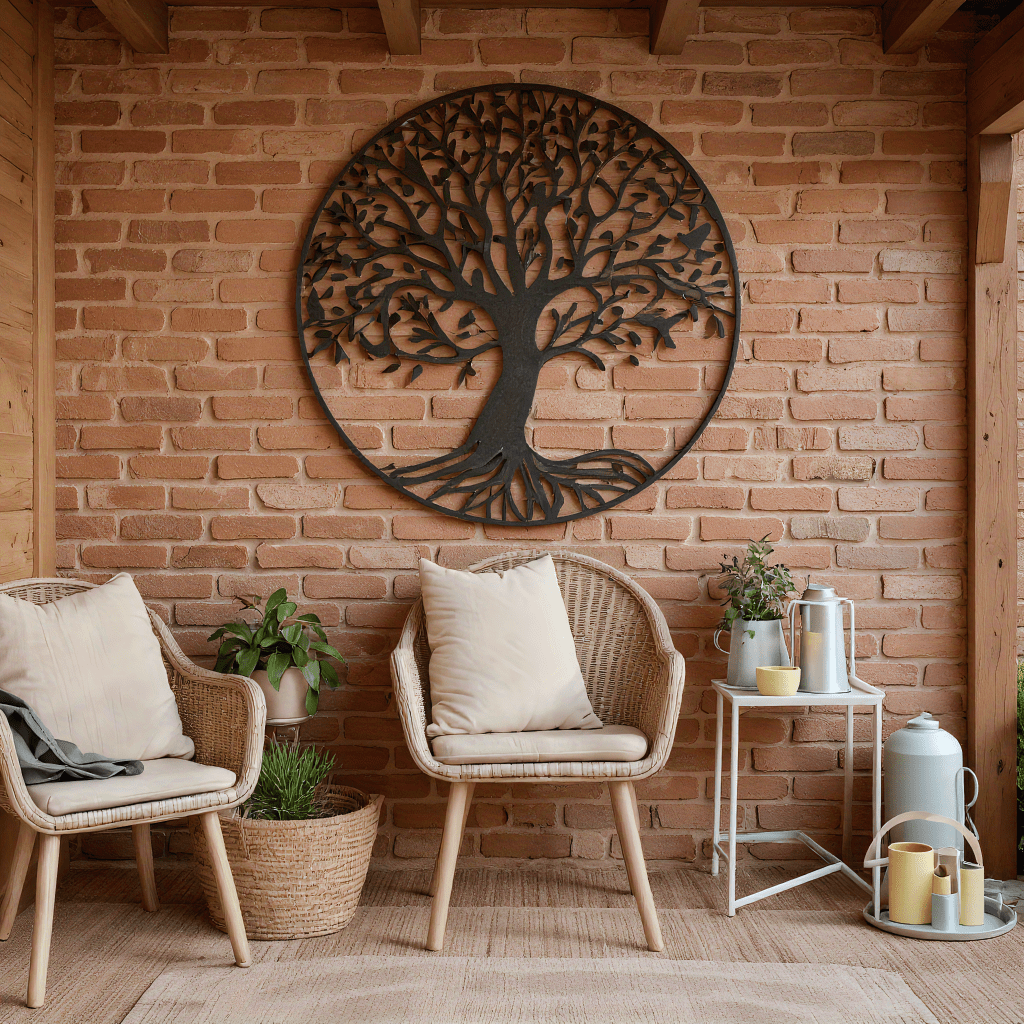 Stylish Metal Tree of Life Wall Decor featured in a cozy indoor setting with rattan chairs