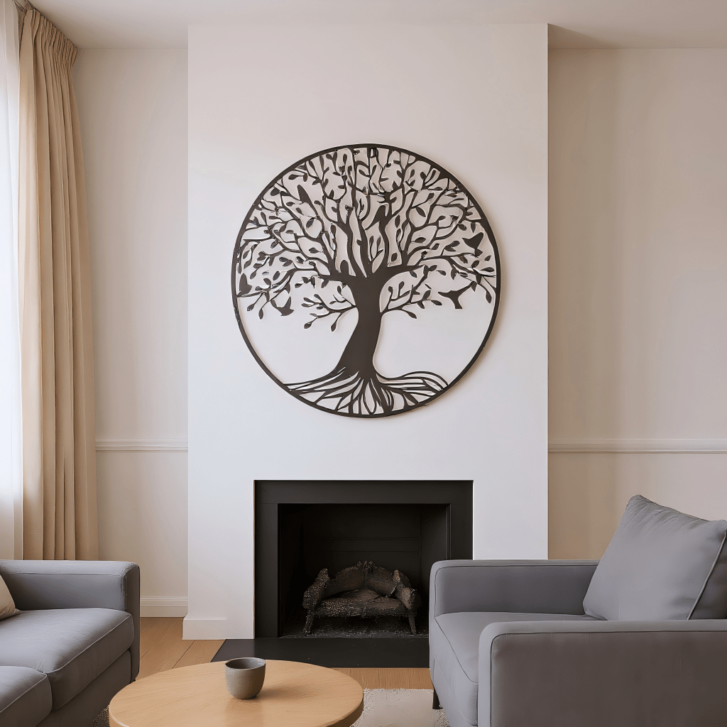 Nutshell Metal Tree of Life Wall Decor in a circular design above a modern fireplace