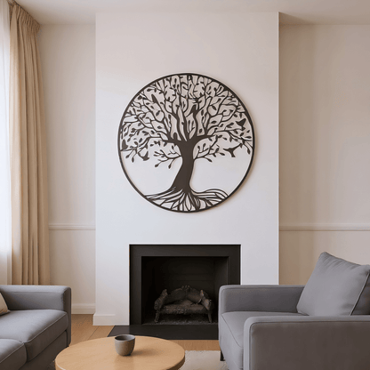 Nutshell Metal Tree of Life Wall Decor in a circular design above a modern fireplace