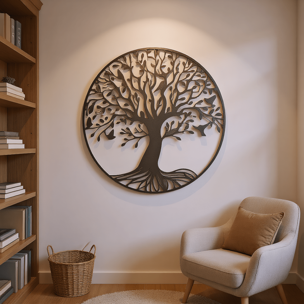 Nutshell Metal Tree of Life Wall Decor featuring intricate design on a neutral wall in a cozy living space