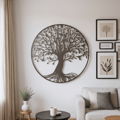 Nutshell Metal Tree of Life Wall Decor in Round Design for Modern Home Aesthetic
