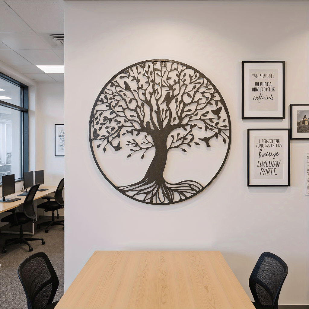 Metal Tree of Life Wall Decor in modern office setting with inspirational framed prints
